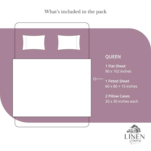 Image of Linen Home 100% Cotton Percale Sheets Queen Size, Damson Berry, Deep Pocket, 4 Pieces Set - 1 Flat, 1 Deep Pocket Fitted Sheet and 2 Pillowcases, Crisp Cool and Strong Bed Linen