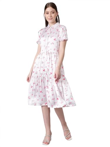 Kotty Women's Collared Neck Fit And Flare Dress(White,S)