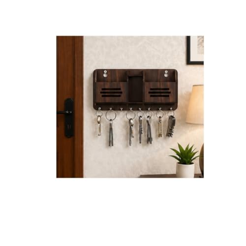 Image of Wooden Key Holder for Wall | Key Hanger Organizer with Storage Slots & Multiple Hooks | Wall Mounted Key Stand for Entryway, Home & Office
