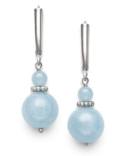Belacqua Sterling Silver Natural Round Milky Blue Aquamarine, Green Jade Gemstone Beaded Dangle Drop Earrings for Women, Length : 1.5 Inches, Leverback, Gift Box Included