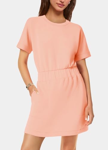 Image of SENSERISE Womens Short Sleeve T Shirt Dresses Crew Neck Solid Color Basic Smocked Waist Dress with Pockets