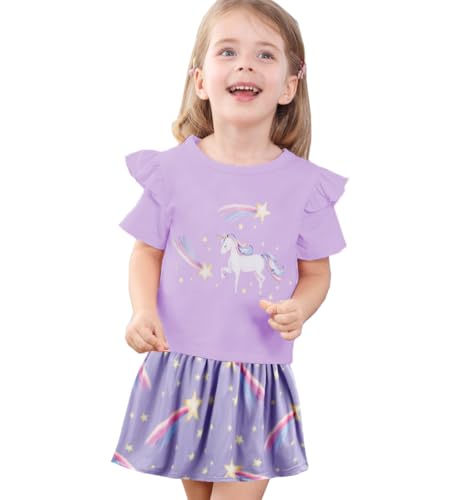Image of Akyzic Little Girl Skirt Outfit Two Piece Spring Summer Outfit Butterfly Dress Cat Print Skirt Toddler Girl Outfit Set