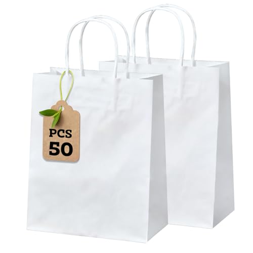 50 Bolsas de Papel Blancas Con Asas 21X11X27cm Bolsas de Papel, Bolsas de Regalo de Papel Kraft Con Asas a Granel, Bolsas, Bolsas de Regalo Bolsa de Papel Con Asas de Cordón Para Fiestas, Embalajes