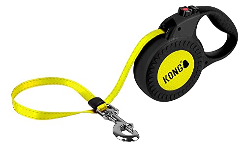 Kong ausrollbare Hundeleine in 5m Länge I Für große Hunde bis 50kg I Größe L I Hochwertige Rollleine mit Break & Lock System in gelb-schwarz I Leine mit Softgriff & hochreflektierendem Gurt