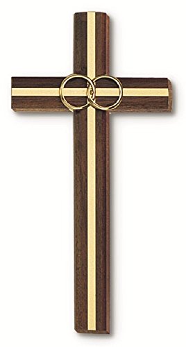 Wedding Wood Walnut Wall Cross with Gold Inlay Accented With 2 Gold Rings In Gift Box