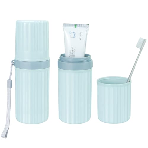 Image of Mulbozy Travel Toothbrush Holder, Large Travel Toothbrush Cup Case, Portable Travel Toothbrush Toothpaste Makeup Storage for Business Trip Camping School - Blue