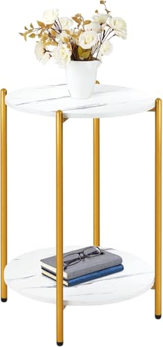Image of Round End Table 2-Tier Side End Table with White Marble Top,Bedside Table for Living Room or Bedroom, Modern Accent Table with Metal Frame (Gold & White)
