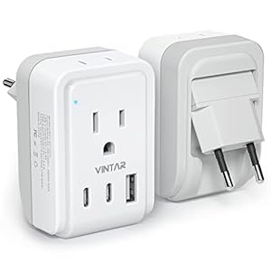1 Pack European Travel Plug Adapter, VINTAR Foldable International Power Plug with 2 AC Outlets 3 USB Ports(2 USB C), Type C Travel Essentials Charger for US to Most of Europe EU Italy Spain France