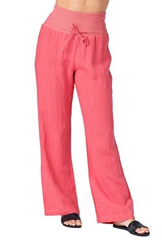Mariyaab Women's Wide Leg Fold Over 100% Linen Pants with Drawstring tie (003A, ParadisePink, 18)
