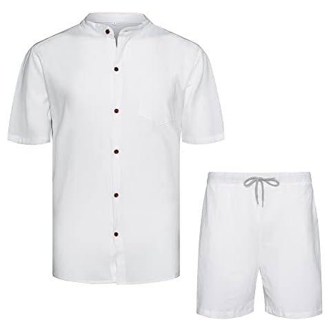 AOTORR Men's 2 Piece Linen Set Button Down Short Sleeve Shirt and Short Beach Outfit White L Cover
