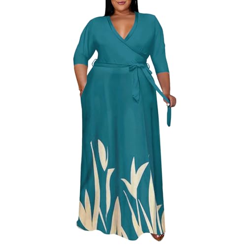 Runwind Plus Size wrap Dress Sexy 3/4 Sleeve V Neck Plus Size Dress for Women Wedding Guest Green...