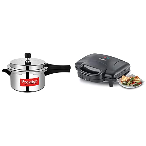 Image of Prestige Popular Aluminium Pressure Cooker, 3 Litres, Silver & Prestige PGMFD 01 800W Sandwich Maker (Black)
