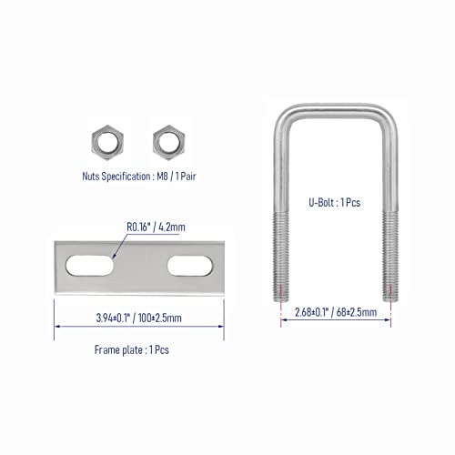 Image of 304 Stainless Steel Square U-Bolts 2.36 inch(60mm) Inner Width, 3.94 inch(100mm) Length Stainless M8 with Nuts, Frame Plate, Accessories for Automobiles Trailer, Boat Trailer Industrial Parts