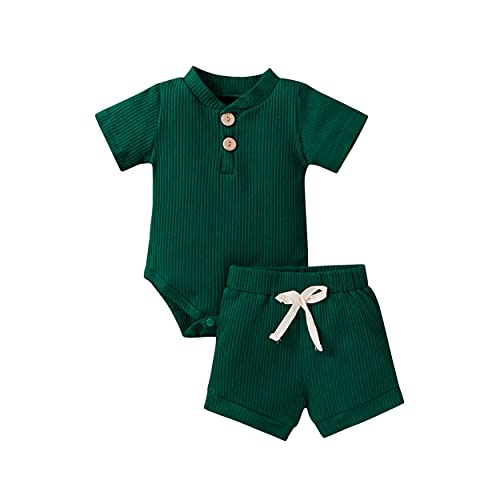 Image of Summer Newborn Baby Boy Clothes Solid Cotton Ribbed Outfits Short Sleeve Button Down Romper Top Shorts Set (Green B, 3-6 Months)