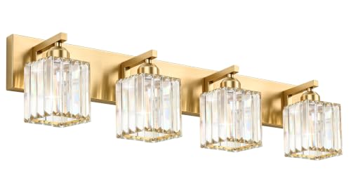 Image of Gold Crystal Bathroom Vanity Light, 4-Light Modern Bathroom Lighting Fixtures Over Mirror,Chrome Wall Sconce Light Fixtures with Square Shade