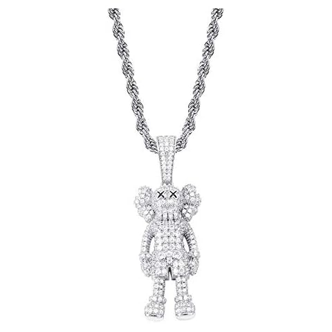 Moca Jewellery Iced Out Sesame Street Cartoon Doll Pendant Necklace 18K Gold Plated Bling CZ Simulated Diamond Hip Hop Rapper Chain Necklace for Men Women silver Cover