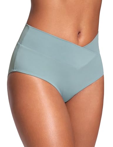Image of CRZ YOGA V-Shaped High Waited Bikini Bottoms | Mid Cut Leg, Medium Bum Coverage, Cross Front, Swim, Bathing Suit Briefs for Women