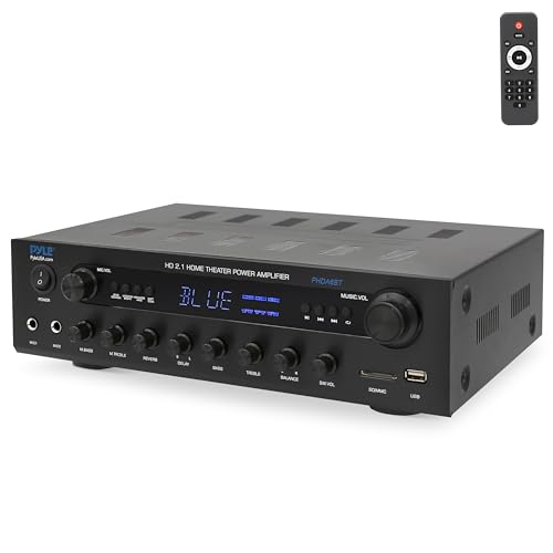 Pyle 400W Karaoke Home Theater Receiver - Bluetooth Home Audio Amplifier with Echo and Delay Effects, Subwoofer out, USB/SD Readers, FM Radio, 3.5mm Aux, Phono, Optical & Coaxial Inputs, 2x Mic Inputs