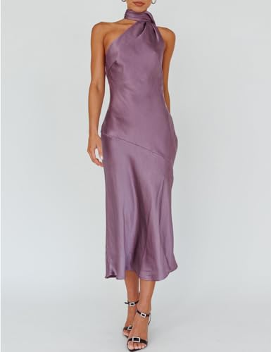 Sexy Satin Backless Halter Wedding Guest Dresses for Women Sleeveless Elegant Cowl Back Slit Midi Cocktail Dress Evening Gown4