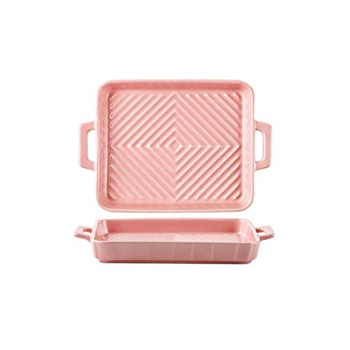Ceramic Baking Plate Dish, Porcelain Lasagna Pans Bakeware, Pan Kit Roasting Pan Set Bread Pan Kit, Serving Plates for Pasta, Vegetable Gratins, Fruit Crisps, Beef (Square-pink)