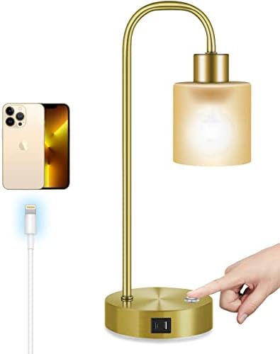 Touch Bedside Lamp,Fully Dimmable Table Lamp,Brass Metal Color,Edison Industrial Lamps,1USB,1Type C Charging Ports,Gold Nightstand Lamp for Bedroom Living Room, Glass Lampshade, LED Bulb Included