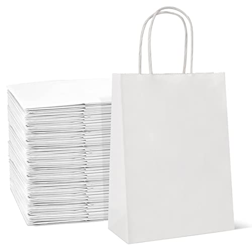 HAUSPROFI 25pcs Kraft Paper Bags for Gifts, Food & Sweets, Strong Carrier Bags with Twisted Handles, Gift Bags for Kid Parties, Weddings, 27x21x11cm, Thicken 130gsm (White)