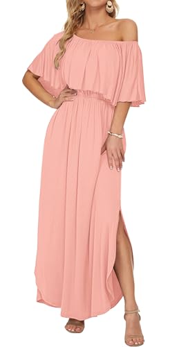 Image of AUSELILY Womens Off Shoulder Ruffle Split Summer Maxi Dresses with Pockets | Off-shoulder Ruffle dress with empire waist & side split for summer beach and casual parties