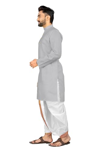 Image of UNIQUE MOMENTS Men's Cotton Dhoti Kurta Set with Full Sleeves Solid Pattern Modern Style and Mandarin Collar Neck | Perfect for Puja & Celebrations