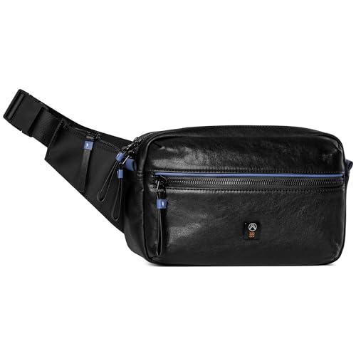Men's Leather Crossbody Bag 3L, Black with Blue Stripes, Adjustable Nylon Strap & Multi-Pocket