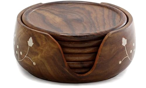 Image of Oaklyn Wooden Lotus Coaster Set of 6 with Barrel Stand - Tea & Coffee Table Coasters (3.5 Inch) (Lotus coaste)