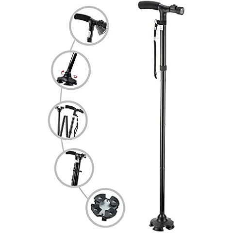 Folding Cane with Led Light, Adjustable Canes and Walking Sticks for Men and Women, Walking Cane Stick for Elderly with Cushion T Handle and Pivoting Quad Base Cover