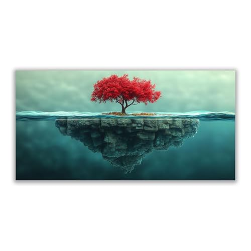Arbre Impression sur Toile grand format pour habiller un mur vide peinture lac rouge bleu
