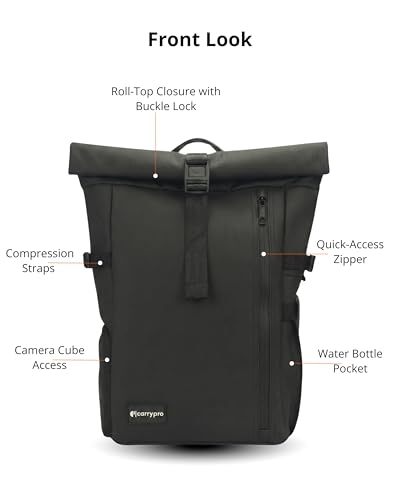 Image of CarryPro H25 MINI 30L Roll-Top Laptop & Travel Backpack | Fits up to 16-Inch Laptop | Removable Camera Box | Water-Repellent | For Work, Travel & Photography