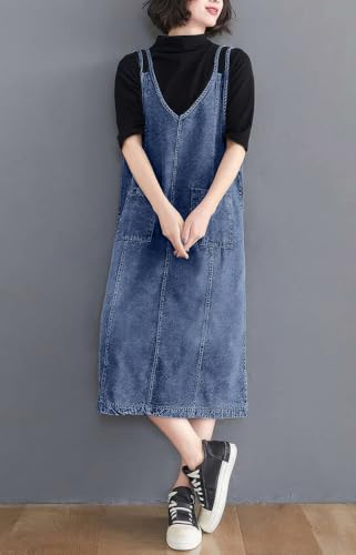 Image of ebossy Women's Sleeveless V Neck Denim Overall Jumper Dress Casual Loose Double Spaghetti Straps Midi Jean Dress