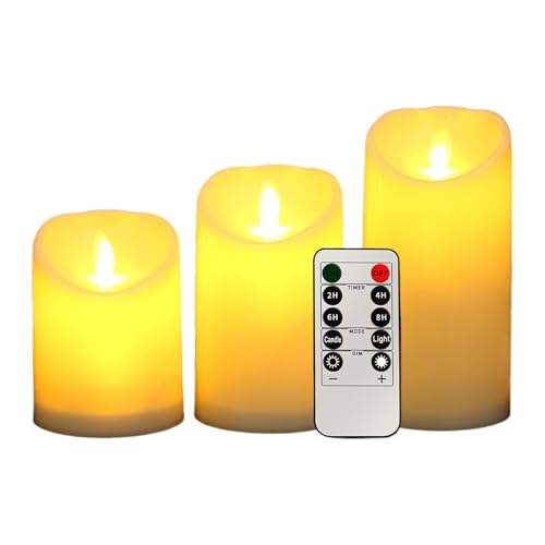 Velas sin llama – 3 velas LED parpadeantes sin llama con control remoto, velas LED de pilar impermeables, velas falsas para chimenea, boda