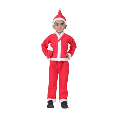 Image of ITSMITSMYCOSTUME Santa Claus Dress for Christmas Costume Complete Set for Kids /Girls /Boys (Jacket,Pant,Hat,Pouch,Specs,Socks,Belt)-Red & White Fancy Dress (No Gloves)