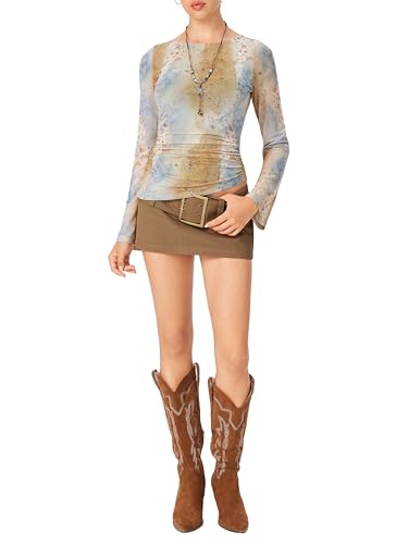 CIDER Womens Floral Print Long Sleeve Top Ruched Slim Fit Y2K Fashion Shirt2