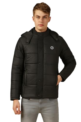 Image of Dennis Lingo Men Black Solid Regular Fit Full Sleeve Hooded Padded Jacket