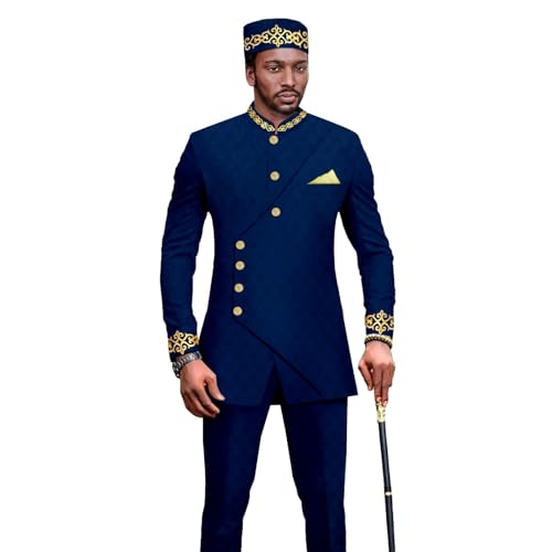 Men`s Business Suit Dashiki Blazer and Trousers Match Hats 3 PCS African Clothes for Wedding Attire
