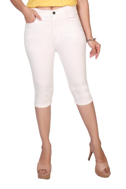 zayla Women's Slim Fit Capri I Stretchable and Comfortable Denim Lycra Skinny Fit I Clean Look Solid High Rise Knee-Length I Stylish Capris for Gym, Office, Party I for Girls & Women