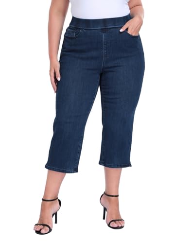 HDE Womens Plus Size Pull On Crop Capri Jeans Tummy Control 21 Inseam Elastic High Waist Stretch Denim Capris with Pockets Dark Blue - 1X