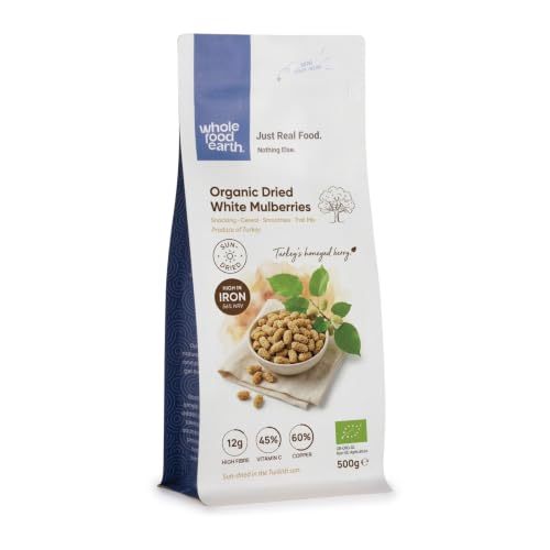 Wholefood Earth Organic Dried White Mulberries 500 g | Raw | Sundried | GMO Free | Vegan | High Fibre | Certified Organic