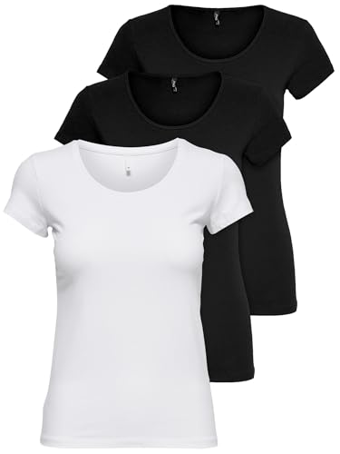ONLY 3er Pack Damen T-Shirt schwarz oder weiß Kurzarm lang Basic Sommer T-Shirts XS S M L XL 15209153