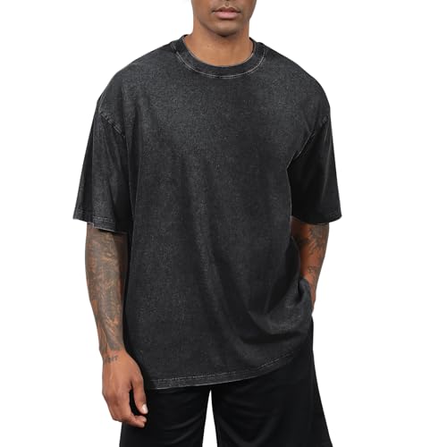 Fkatuzi Oversized Cotton Solid T Shirts for Men Vintage Acid Wash Tshirt Streetwear Basic Tees Baggy Loose Unisex Tops