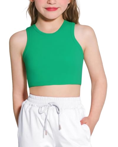Hvididan Girls Sports Bra Racerback Crop Tank Top for Kids High Neck Sleeveless Athletic Dance Top Teen Green 3-4T