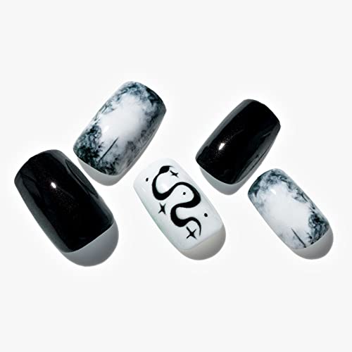Press on Nails Short Square Glamermaid, Black White Gothic Ombre Acrylic Fake Nails with Design Natural Glue on Nails Re