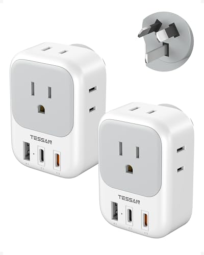 Australia Plug Adapter 2 Pack TESSAN PD 20W New Zealand Power Adapter with 4 Outlets 3 USB Ports (2 USB-C) Type I Travel Adaptor for US to Australian Argentina China Fiji Samoa Tonga Kiribati