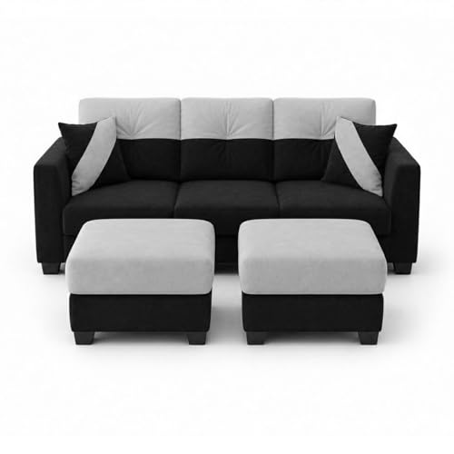 Image of Revola 5 Seater L Shape Sofa Set with 2 Movable Ottomans | Flexible Layout | Luxury Velvet Suede Fabric | Modern Living Room Sofa | Black-Light Grey