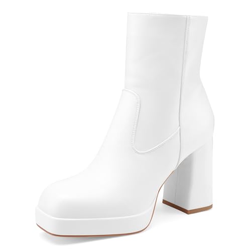 Oh Mispares Women's Platform High Chunky Heeled Ankle Boots Cozy Leather Gogo Boots Square Toe Side Zipper Booties