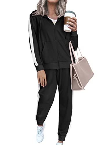 Chigant Damen Trainingsanzug Set 2 Stück Sweatsuits Outfits Full Zip Hoodie und Sweatpants Set Sportbekleidung Jogginganzug, Schwarz, Large Cover